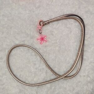 Coach Metallic Gold Leather Lanyard Key Chain Holder with Pink Flower Bag Charm